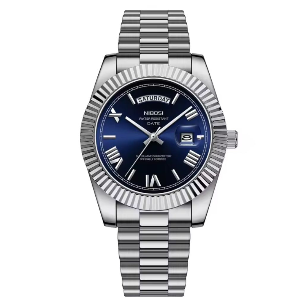 Reloj Nibosi plateado/cara azul marino