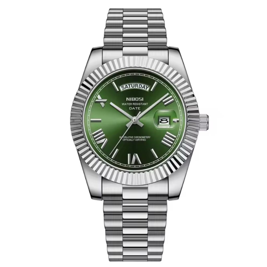 Reloj Nibosi plateado/cara verde olivo